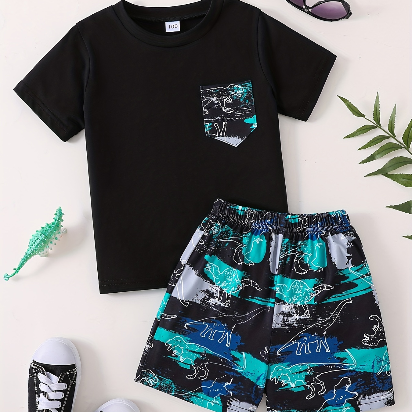 Boys 2pcs T-shirt & Elastic Waist Shorts Set Dinosaur Graffiti Print Crew Neck Short Sleeve Tee Top Casual Kids Clothes Summer