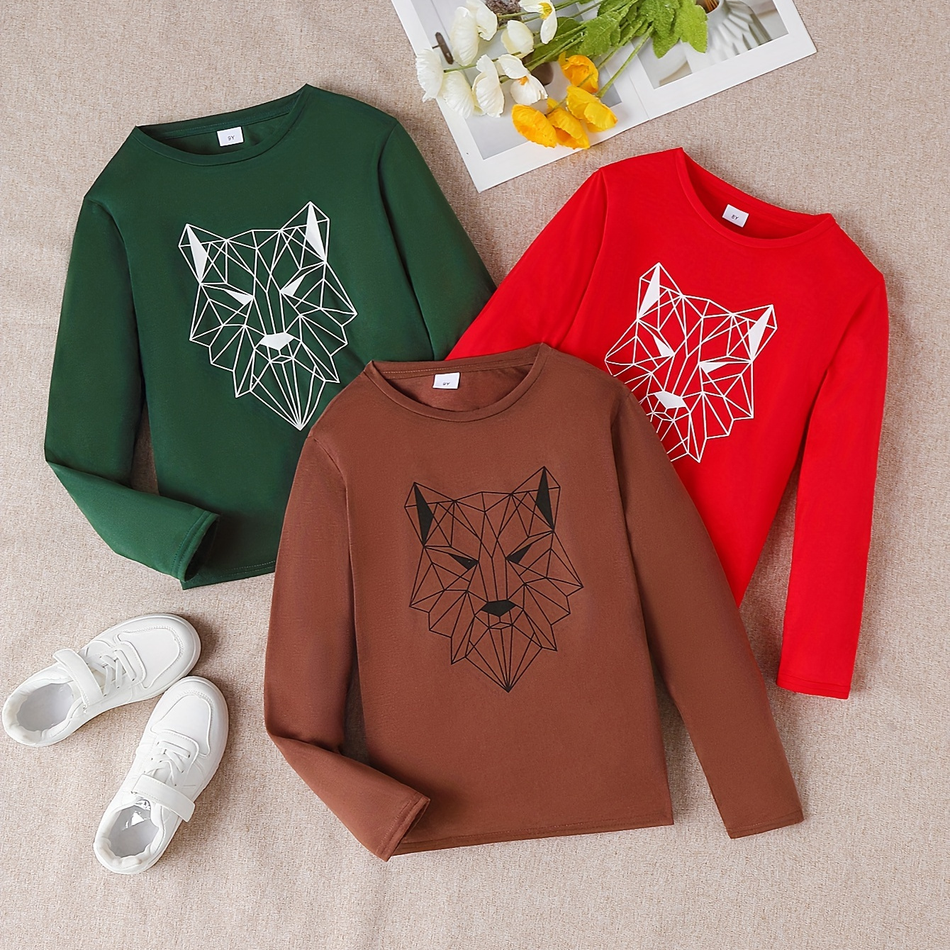 

Boy's Geometric Wolf Print 3pcs Creative T-shirt Kids Casual Long Sleeve Tee Tops Christmas Gift