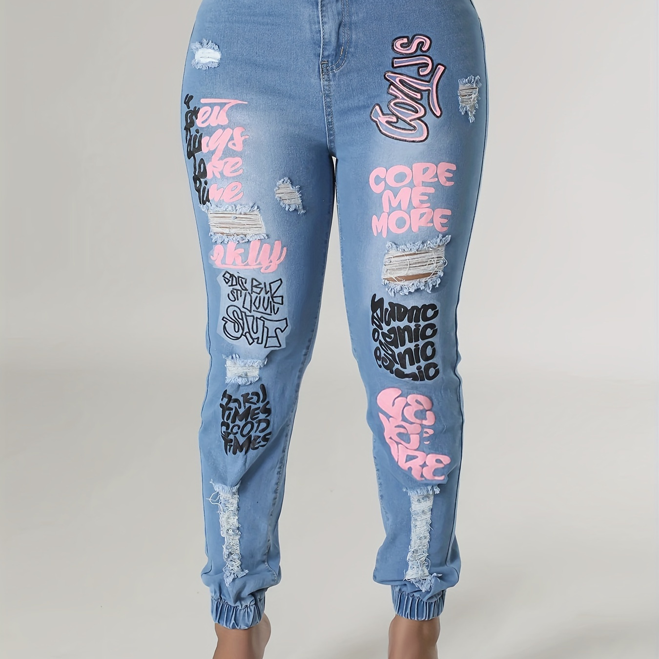 Plus Size Casual Jeans Women's Plus Graffiti Print Ripped - Temu Canada