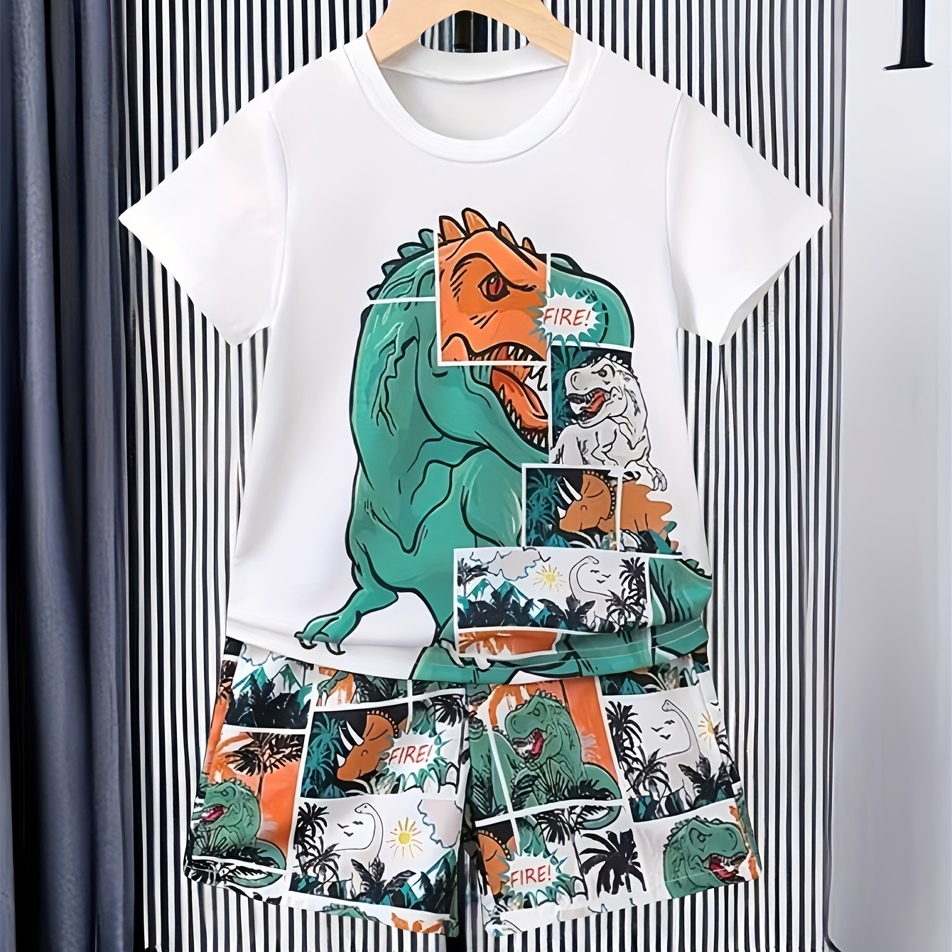 

2pcs Boys Casual White Short Sleeve T-shirt & Cartoon Style Shorts Set, Comic Style Dinosaur Print, Comfy Summer Clothing For Boys