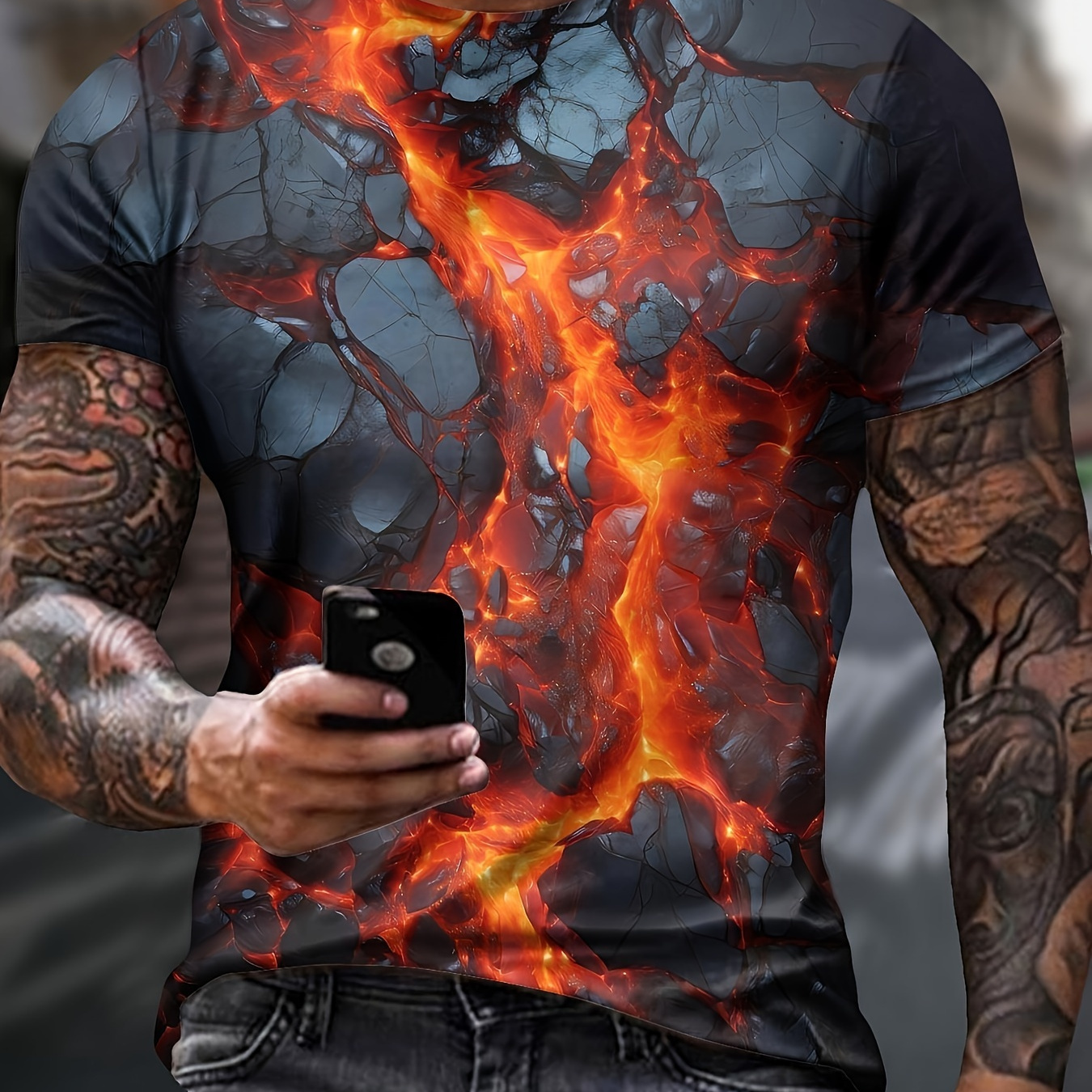 

Men's 3d Digital Lava Like Pattern Print Crew Neck And Short Sleeve T-shirt, Novel And Stylish Tops For Summer Sports And Outdoors Wear