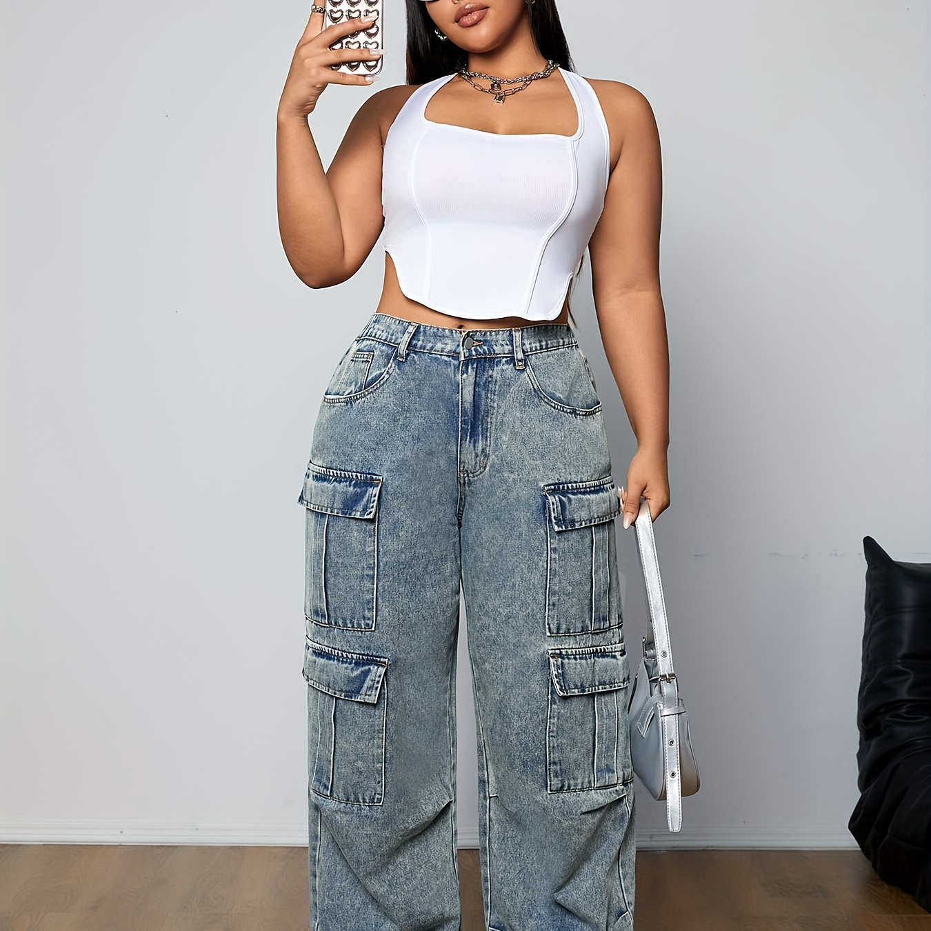 

Plus Size Plain Side Flap Pocket Multi-pocket Streetwear Loose Fit Cargo Jeans Denim Pants, Women's Denim Jeans & Clothing