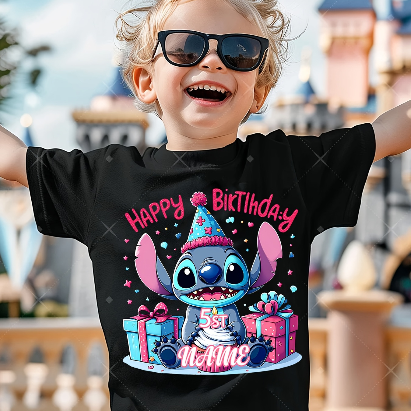 

Ensemble de 1 T-shirt personnalisé pour garçons et filles, motif de Stitch, matériau en polyester, col rond, T-shirts à manches courtes décontractés pour enfants d'été, pour , garçons et filles