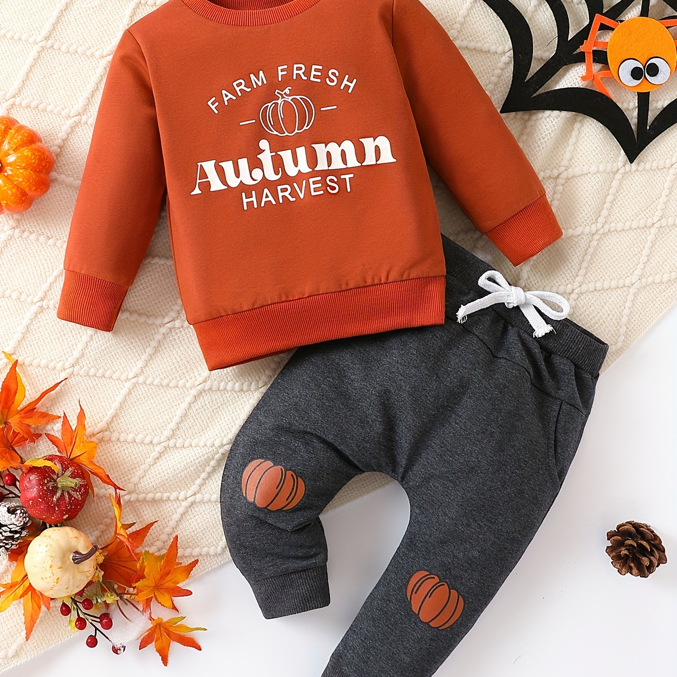 Baby Boys Halloween Alphabet Print Cute Outfits - Round Neck Pullover Long Sleeve Top And Pumpkin Print Fake Drawstring Pockets Leggings Pants Outing Party Casual Set