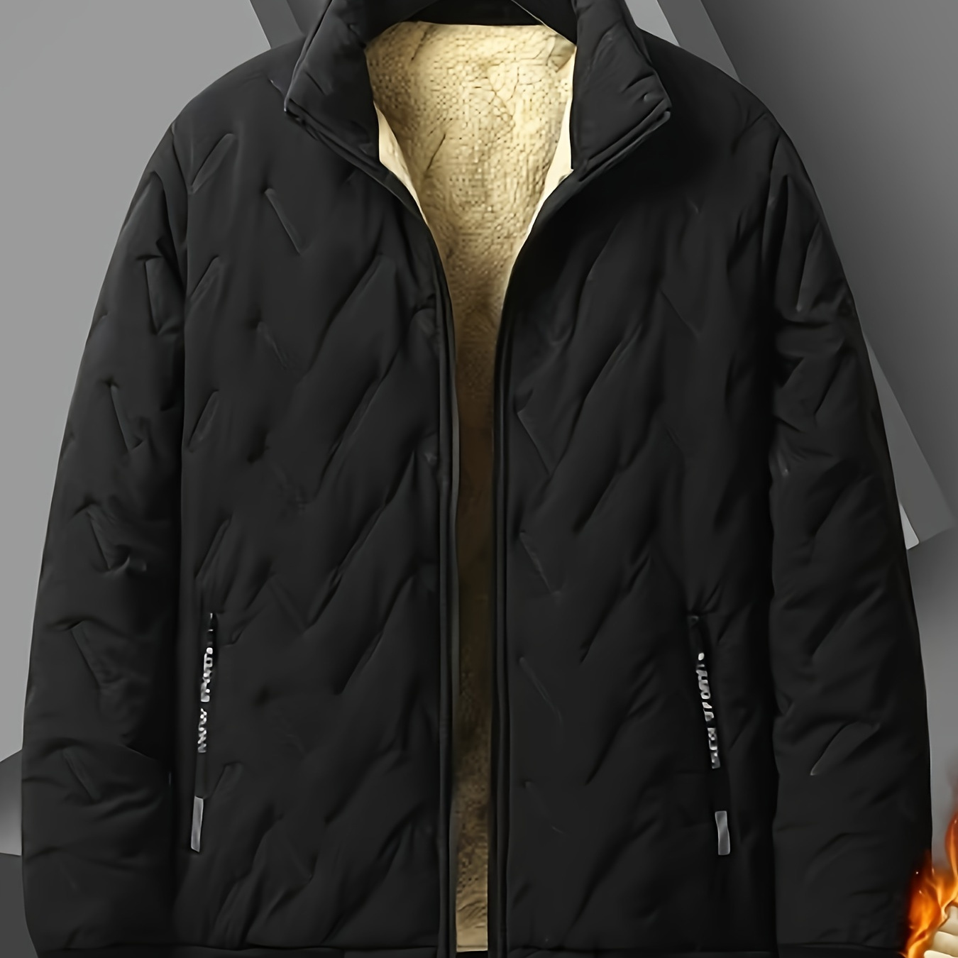 

Men's Fleece Lined Solid Color Padded Jacket With Hood, Casual Thickened Warm Stand Collar Coat For Cold Weather