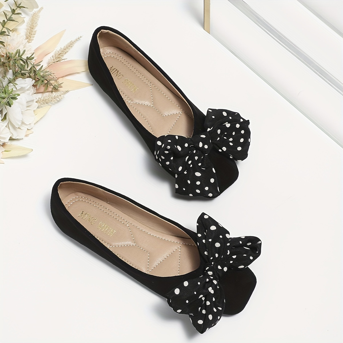 Women's Polka Dot Bowknot Ballet Flats, Black Square Toe Slip On Soft Sole Shoes, Versatile Walking Flats