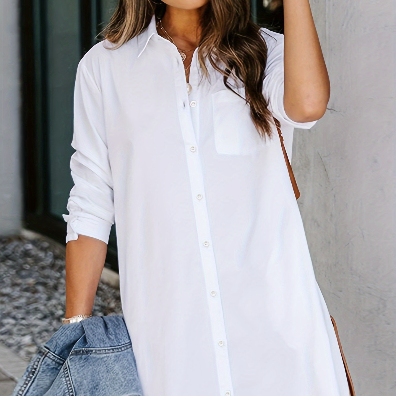 

Solid Single Button Simple Shirt, Versatile Long Sleeve Shirt For Spring & Fall, Women's Clothing