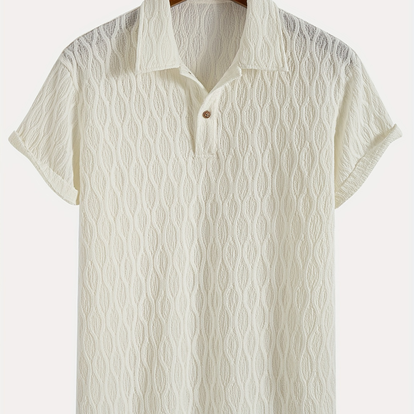 

Men's Solid Geometric Graphic Pattern Knit Short Sleeve And Lapel Collar Henley Shirt, Casual And Fashionable Tops For Summer Leisurewear
