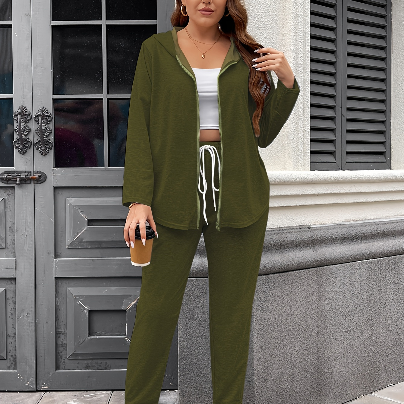 

Plus Size Women's Olive -up Hoodie & Joggers Set - Casual, Stretchy Polyester , Machine Washable, With Pockets, Casual Wear|casual Twopiece|drawstring Detail