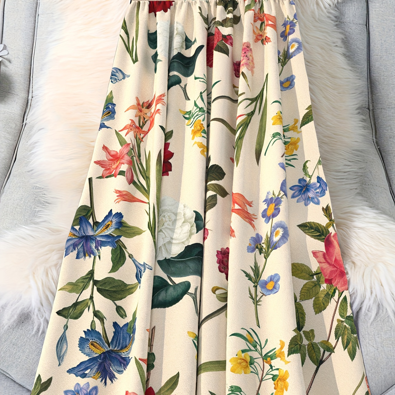 

Floral Print Pleated Skirt, Elegant Elastic Waist Midi Skirt For Spring & Summer, Women's Clothing