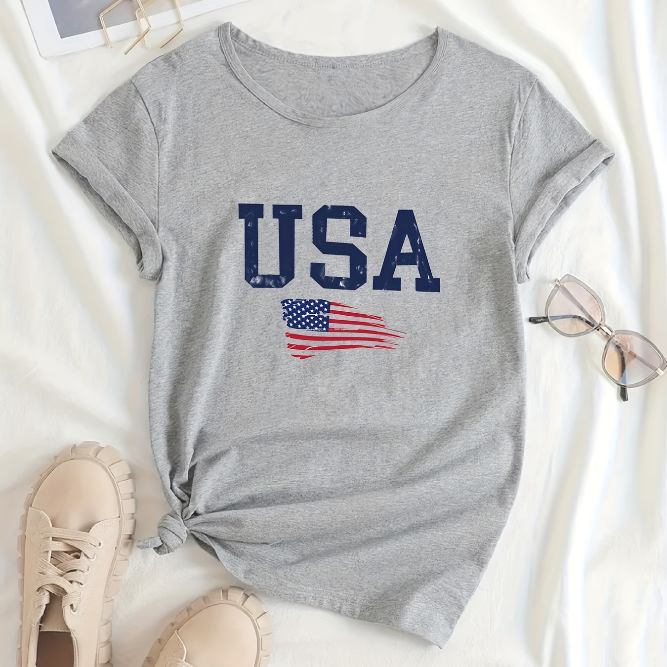 

American Flag Graphic Casual Sports T-shirts, Usa Letter Fashion Round Neck Short Sleeve Tops For Women, Women's Tops
