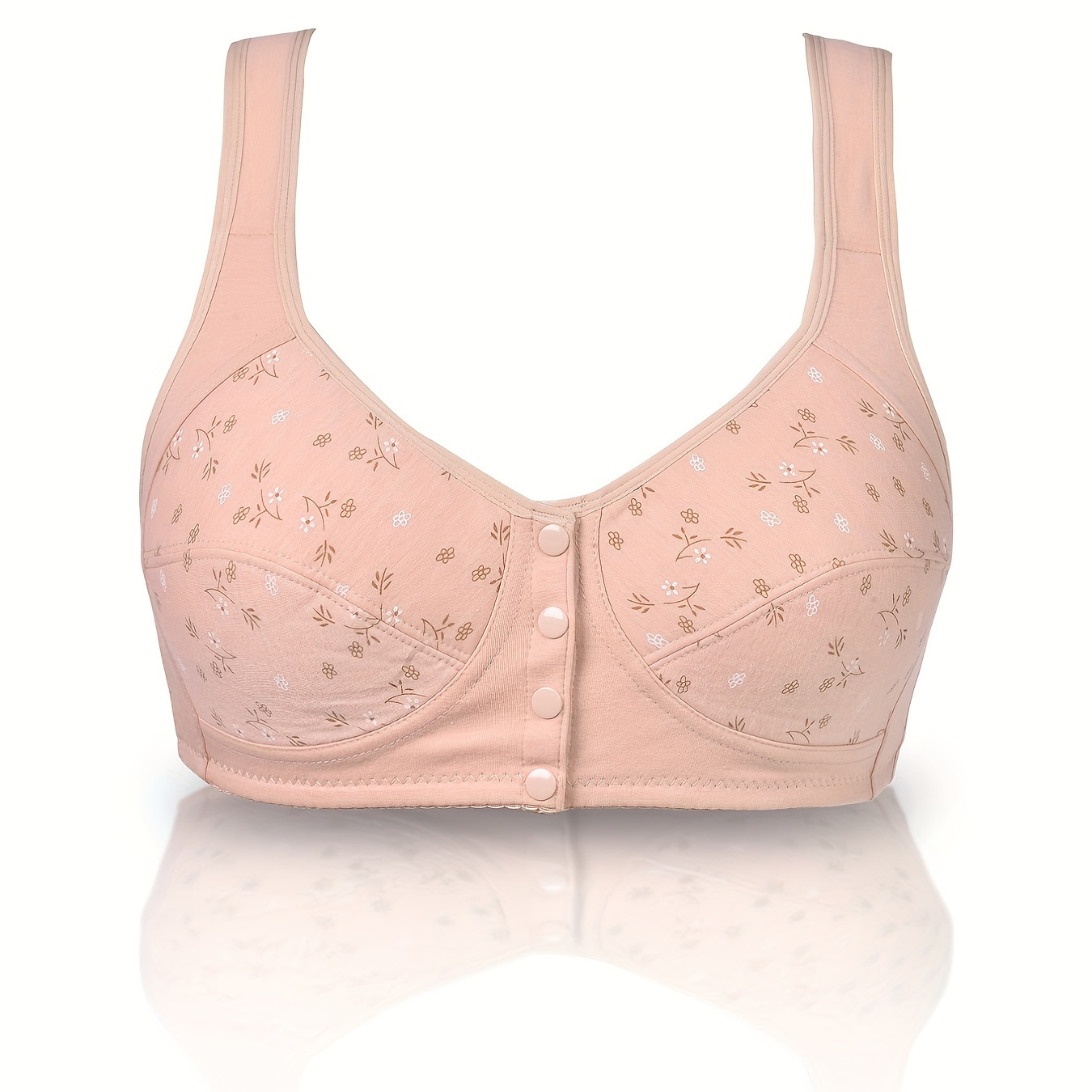 

Plus Size Elegant Bra, Women's Plus Floral Print Closure Front Wireless Wide Strap Comfort Bra