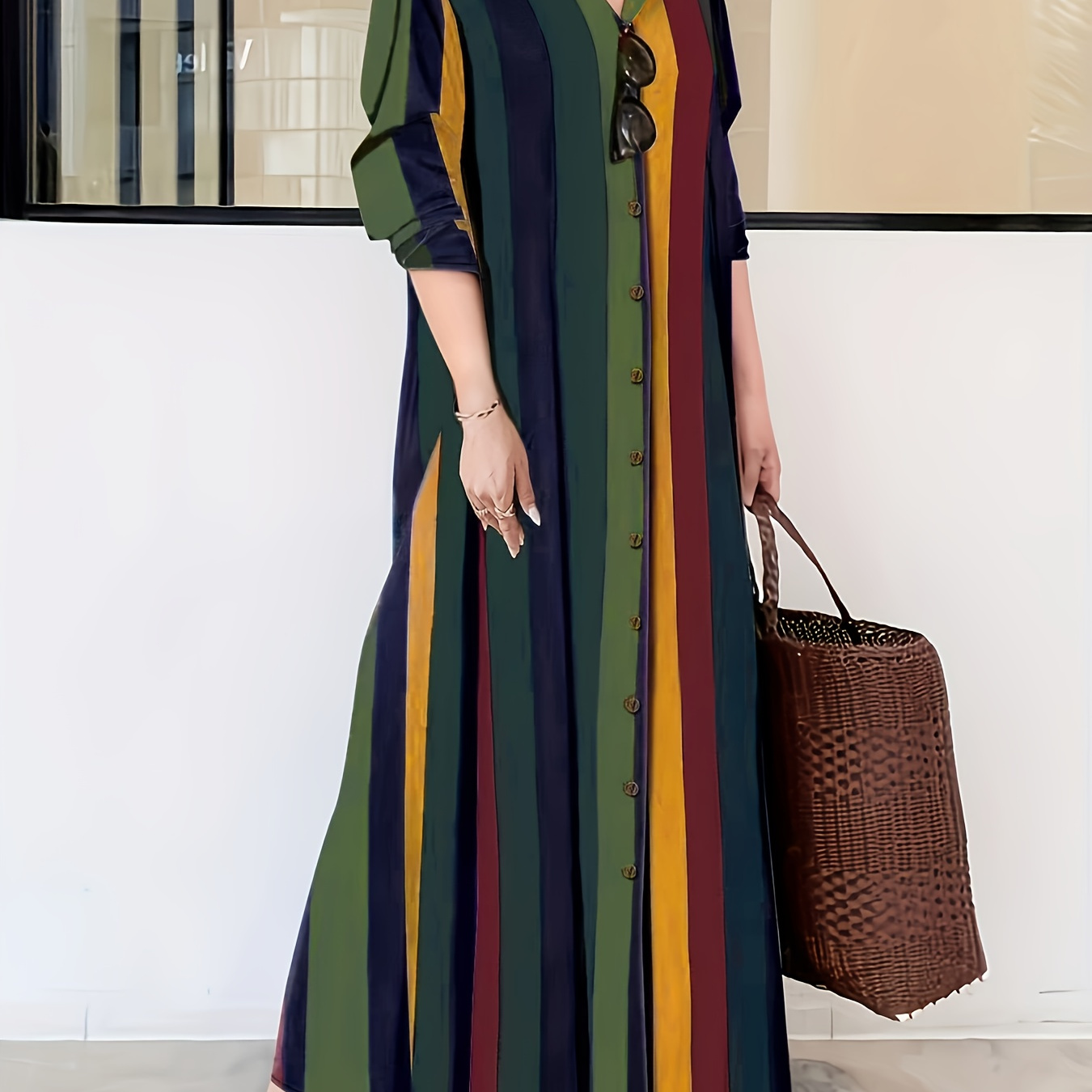 

Elegant Lapel Collar Rainbow Button-down Long Dress - 100% Polyester Woven Shirt Dress For Women, Stylish Fashion