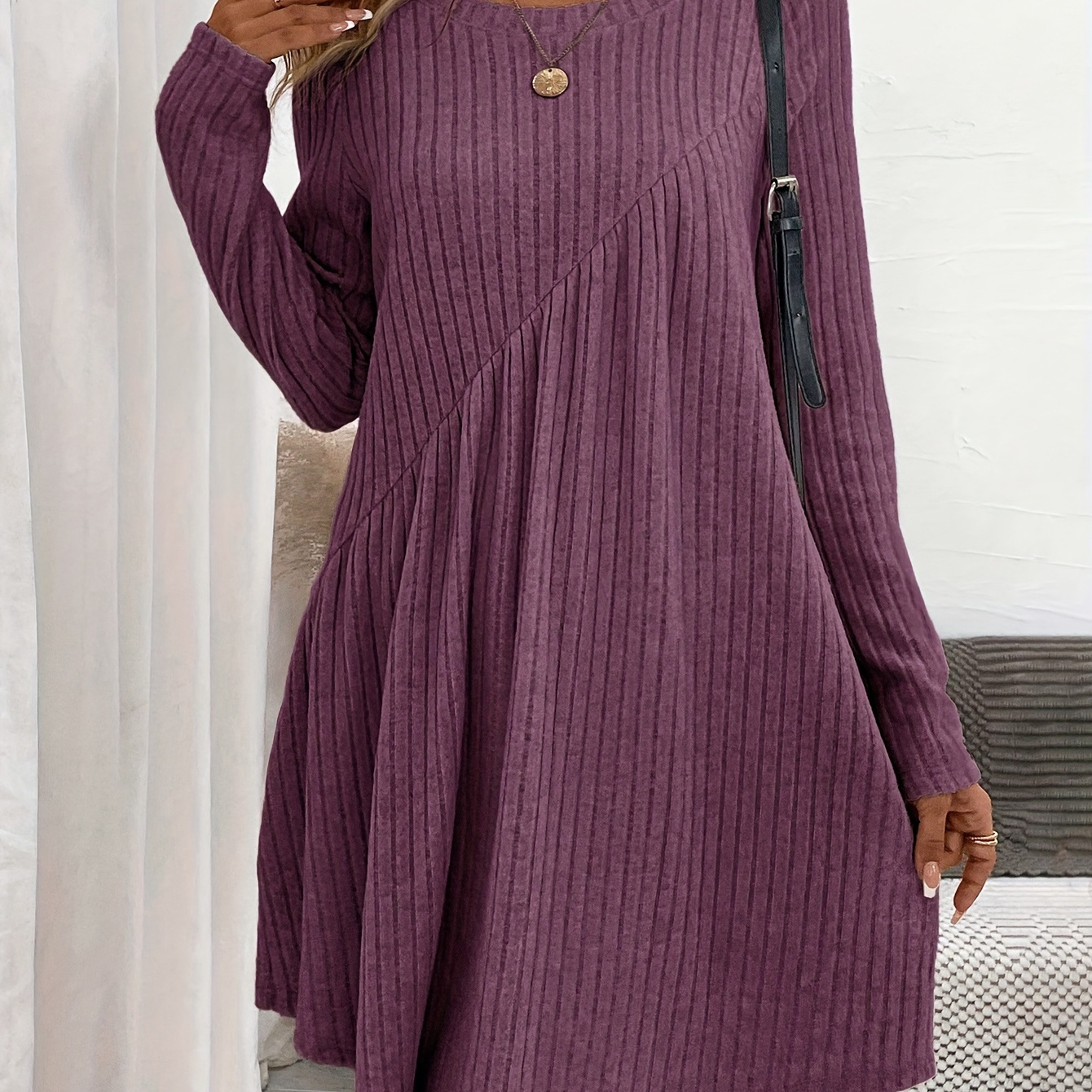 

Rib Knit Crew Neck Ruched Dress, Elegant Long Sleeve Solid Color Dress For Spring & Fall, Women's Clothing