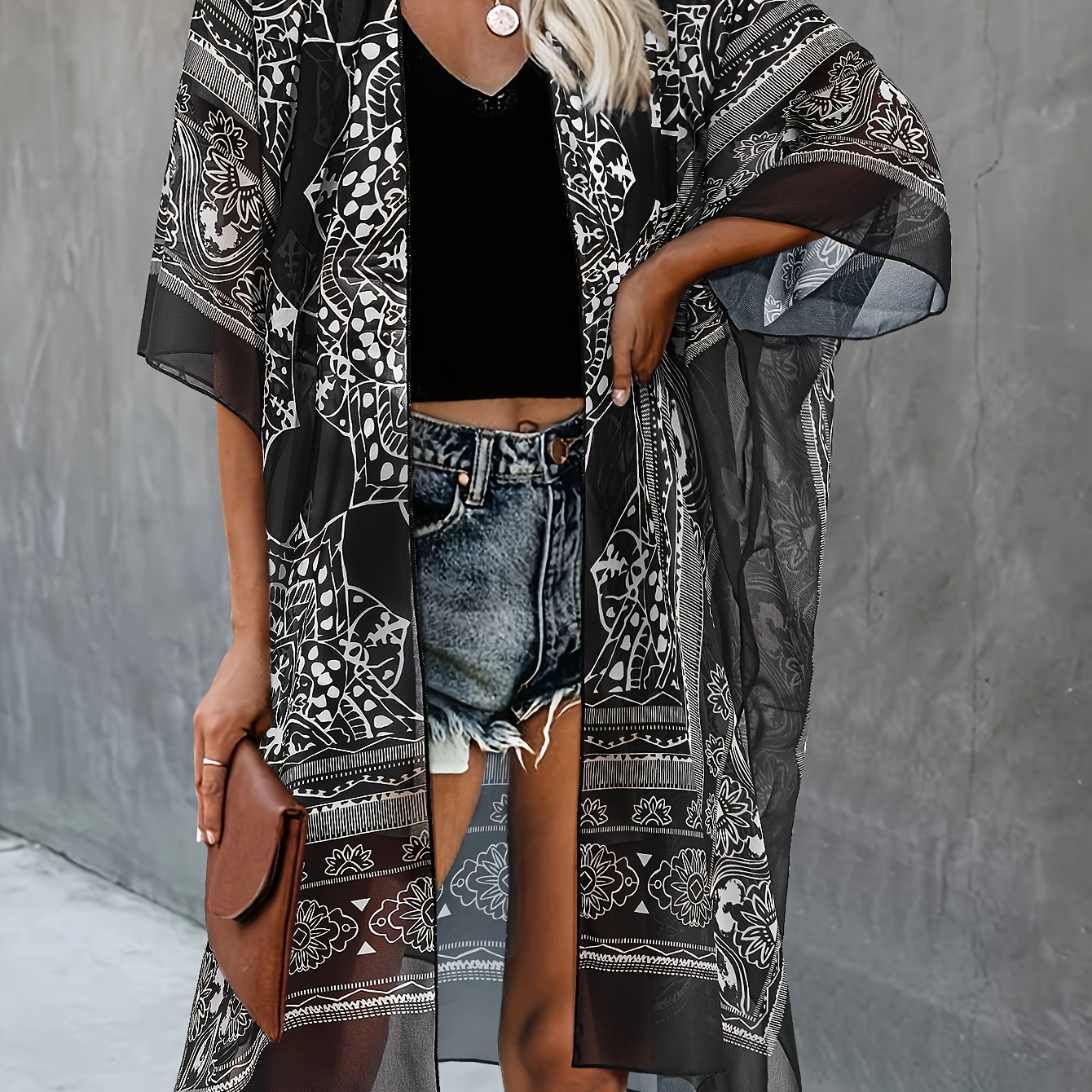 

Women's Bohemian Printed Kimono Cardigan, Casual Elegant Vacation Style, Open Front Top, Lightweight Summer Cover-up, Loose Fit Beachwear Outwear