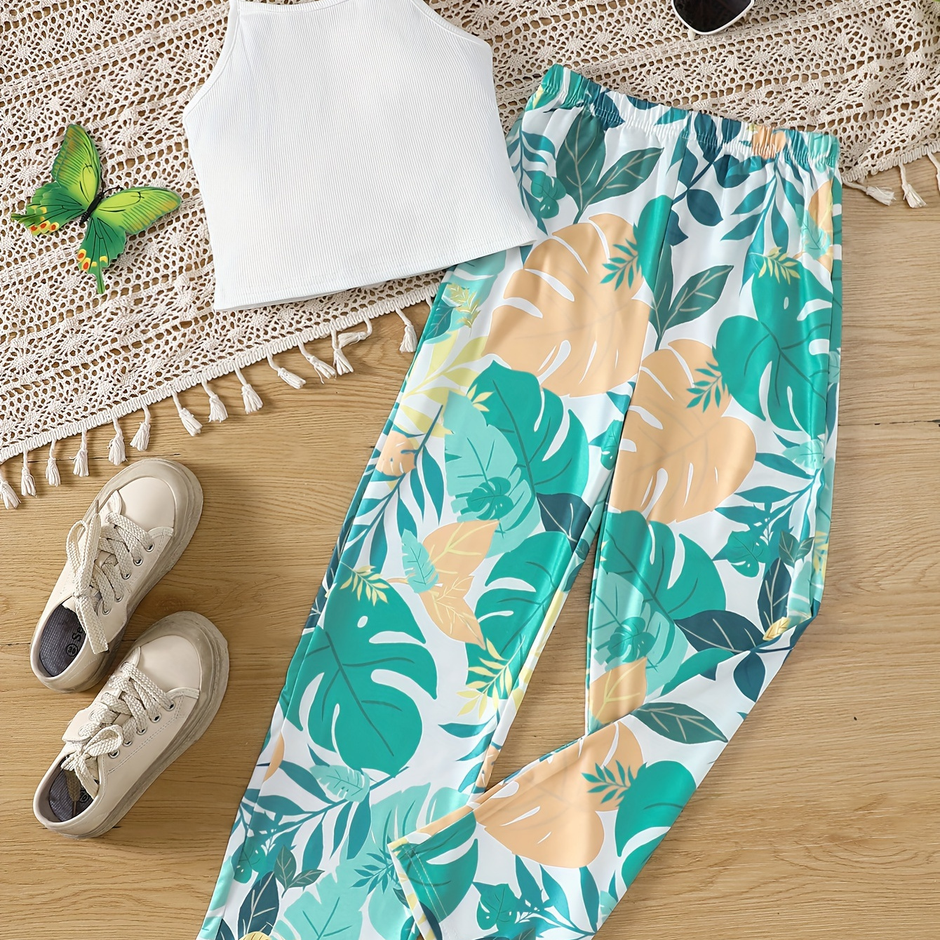 

Teen Girls 2pcs Cami Top + Tropical Pants Set, Casual 2-piece Summer Outfit For Girls