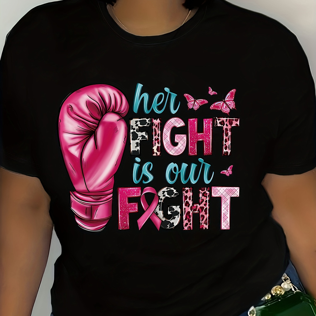 

Breast Awareness Boxing Gloves Crew Neck T-shirt - Soft Polyester, Machine Washable, Women'