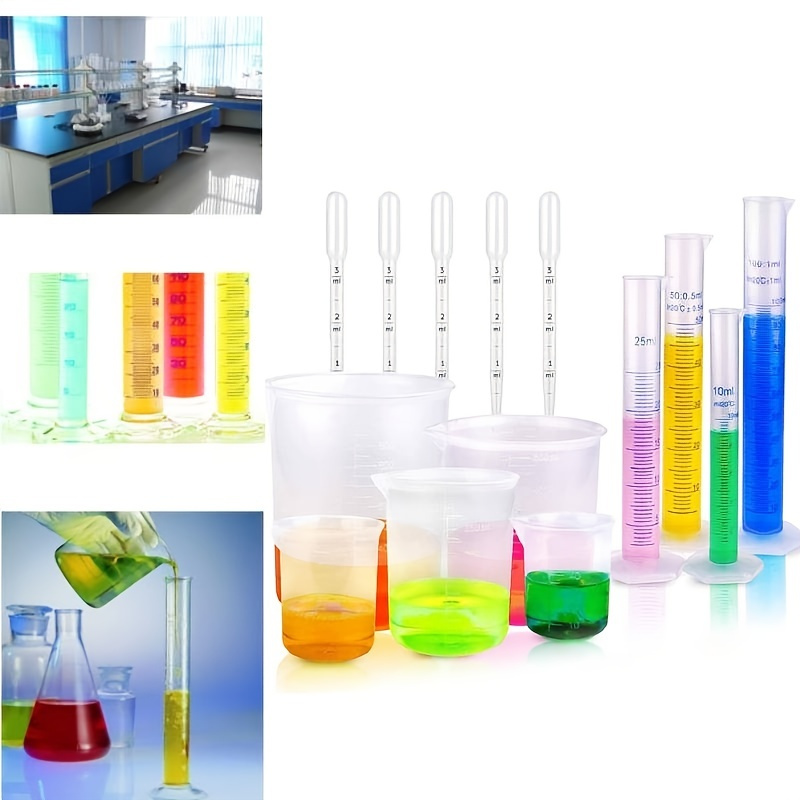 Plastic Measuring Cylinders And Beakers, 10ml, 25ml, 50ml, 100ml Measuring Cylinders With 50ml, 100ml, 250ml, 500ml, 1000ml Beakers And Five 3ml Droppers, Perfect For Home And School Science Labs