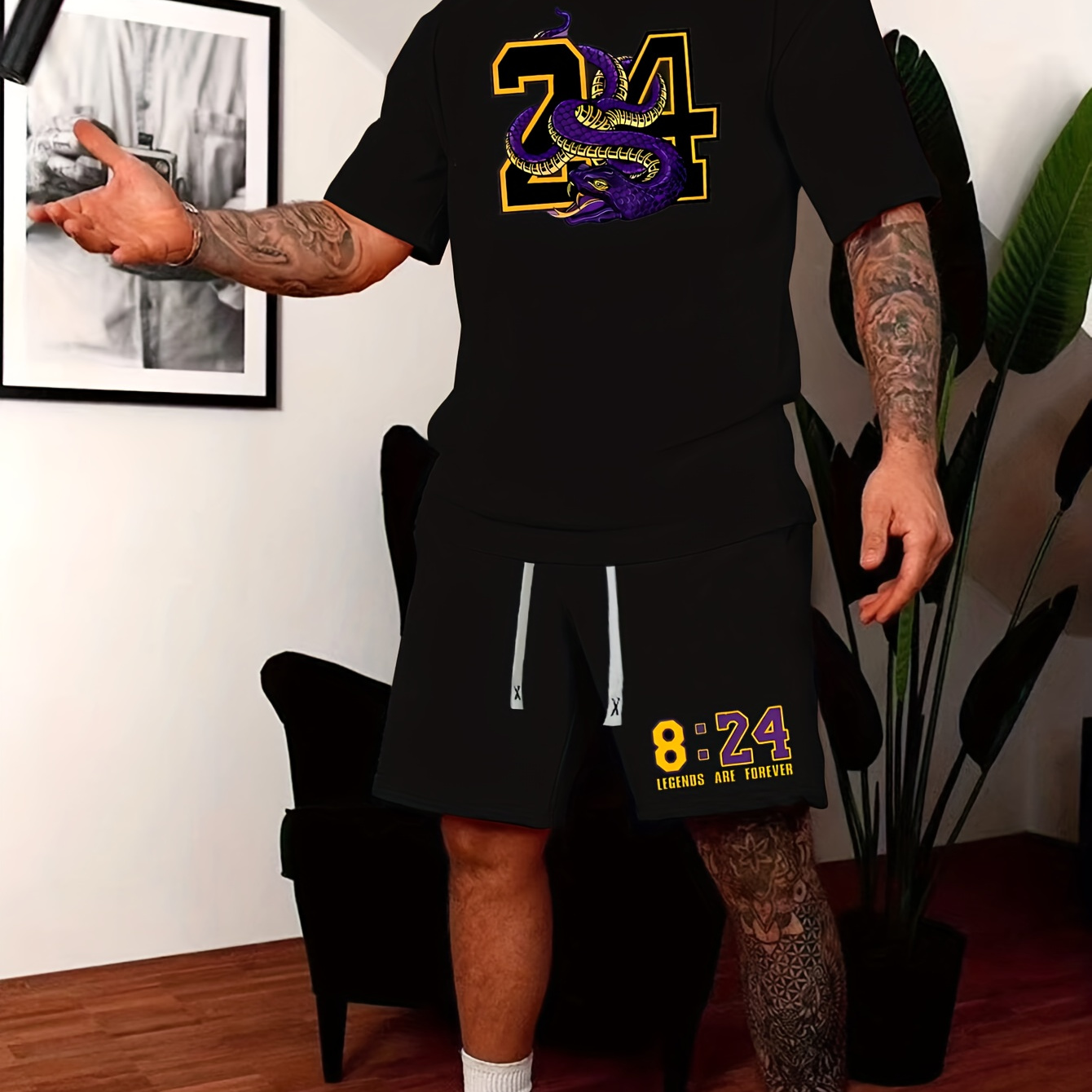 

24 Print Men's 2pcs Trendy Outfits Casual Crew Neck Short Sleeve T-shirt & Drawstring Shorts Set For Spring Summer Workout Men's Print Clothing