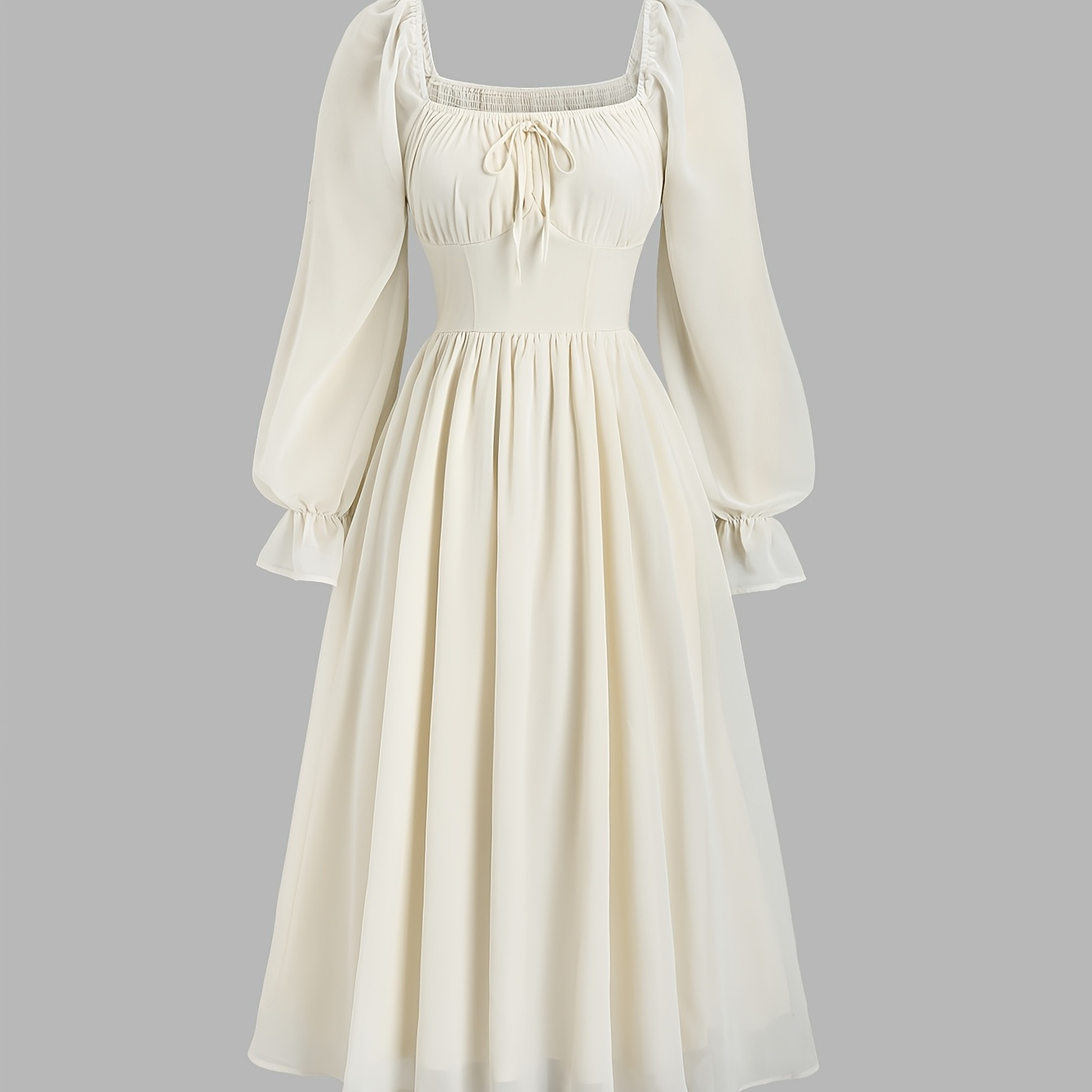 

Elegant Polyester Dress For Adults - Solid Color, Square Neck, Long Sleeves, Fitted Waist With Gathered , Woven Dress