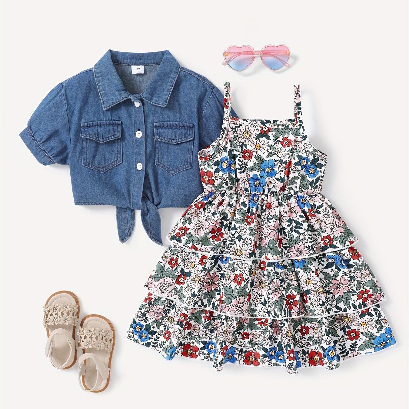 

Patpat 2pcs Toddler Girl Sweet Denim Jacket And Floral Dress Set