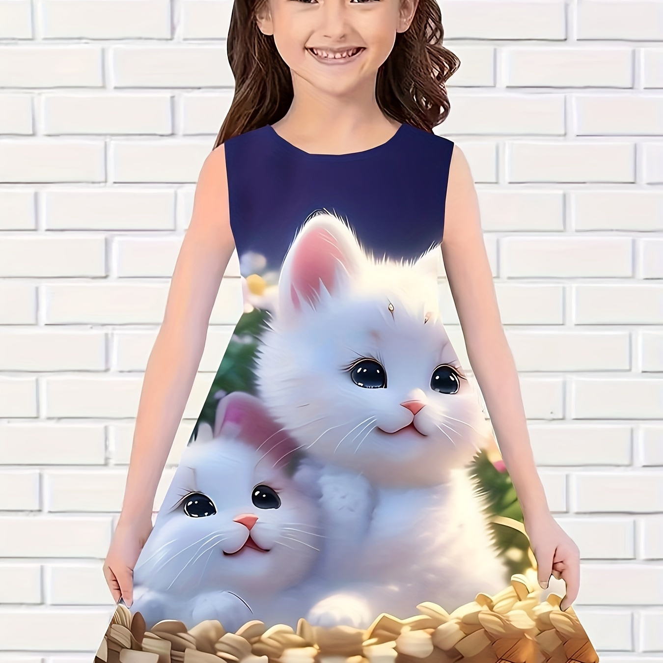 

Girls Cute Kitty Graphic Sleeveless Dress For Summer Party Gift
