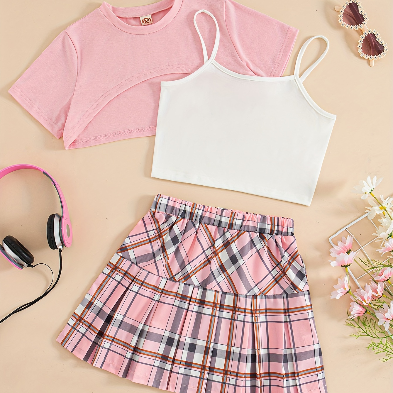 TEMU Girls Preppy 3pcs Crop Top & Plaid Skirt + Cover-up Tee Set, Casual Outfit Summer Clothes