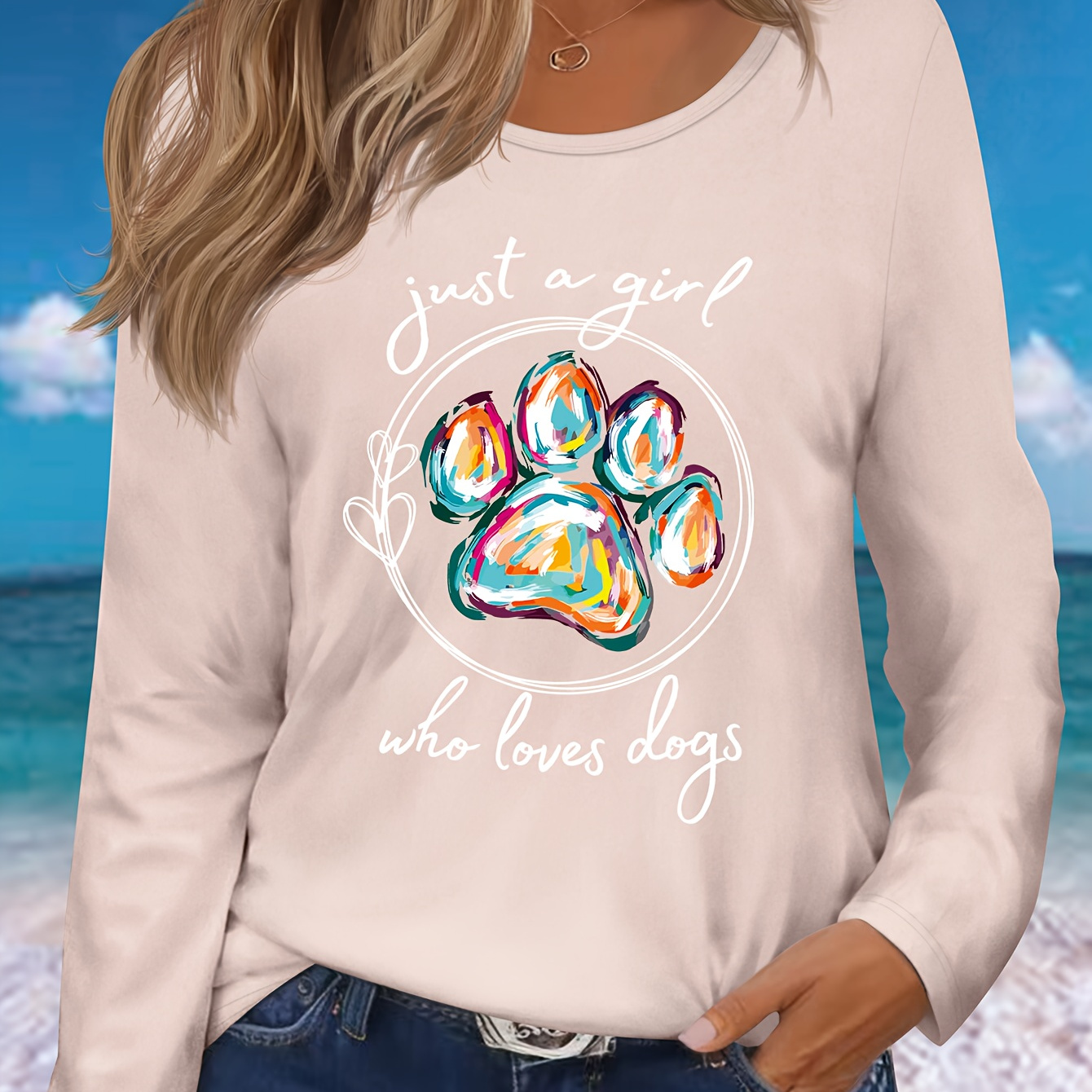 

Women's Casual Paw Print Long Sleeve T-shirt - Crew Neck, Polyester, Machine Washable - Perfect For Spring & Fall