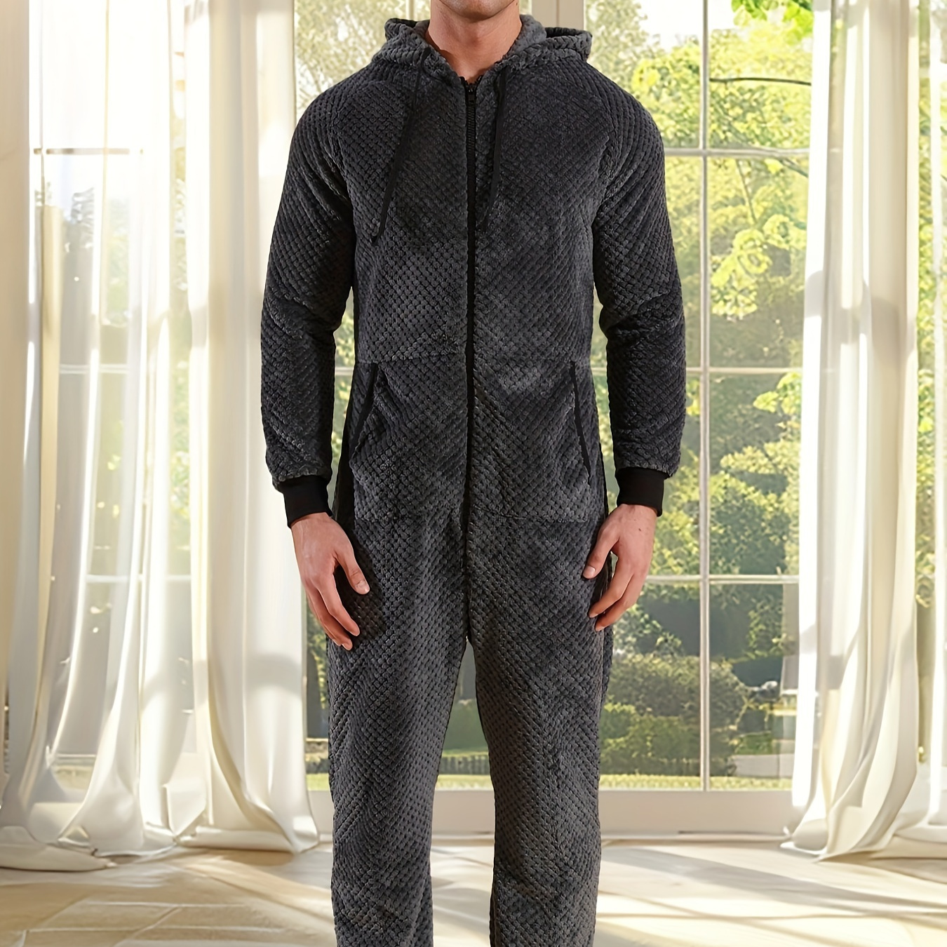 

Men's Dark Gray Plush Hooded Long Sleeve Pajama Jumpsuit With Zipper - -piece Loungewear, Relaxed Wear