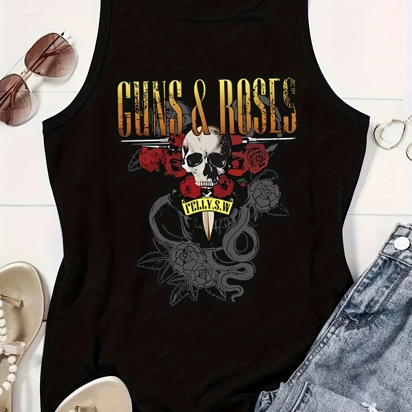 

Plus Size Skull & Letter Print Tank Top, Casual Sleeveless Crew Neck Top For Summer & Spring, Women's Plus Size Clothing