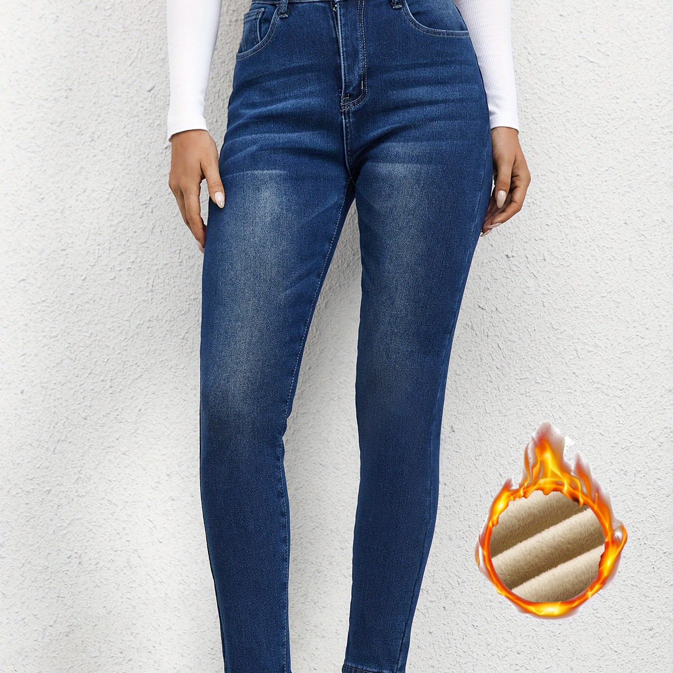 

Plain Fleece Liner Skinny Jeans, Slim Fit Mid-stretch Keep Warm Casual Denim Pants, Women's Denim Jeans & Clothing