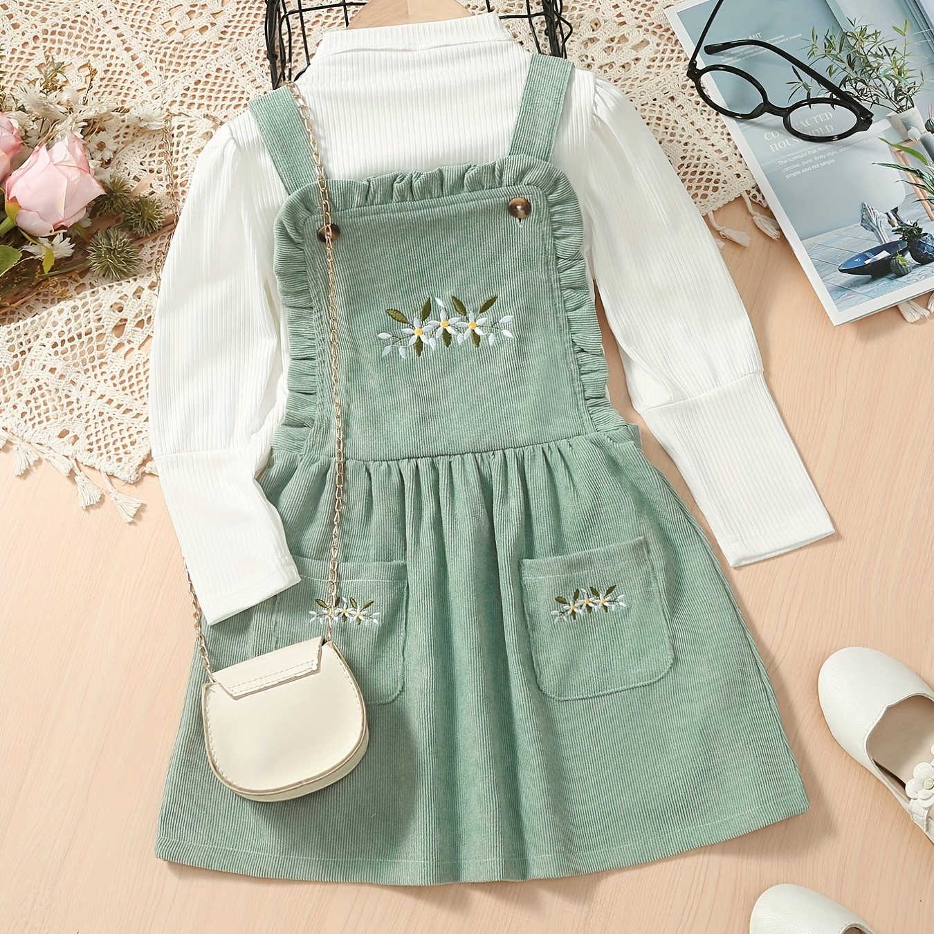 

Girl's Elegant 2pcs, Long Sleeve Top & Corduroy Overall Dress Set, Floral Embroidery Casual Outfits, Kids Clothes For Spring Autumn