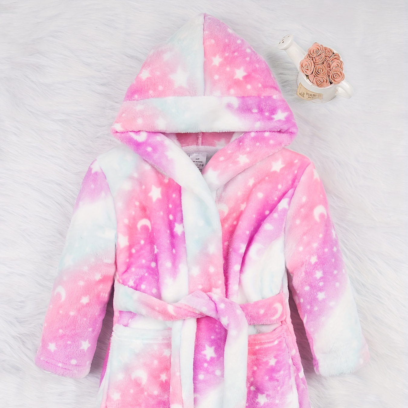 

Moon Star Pattern Girl's Thickened Flannel Hooded Bathrobe - Warm & Robe With Belt For Daily Wearing, 2-11 Years Old