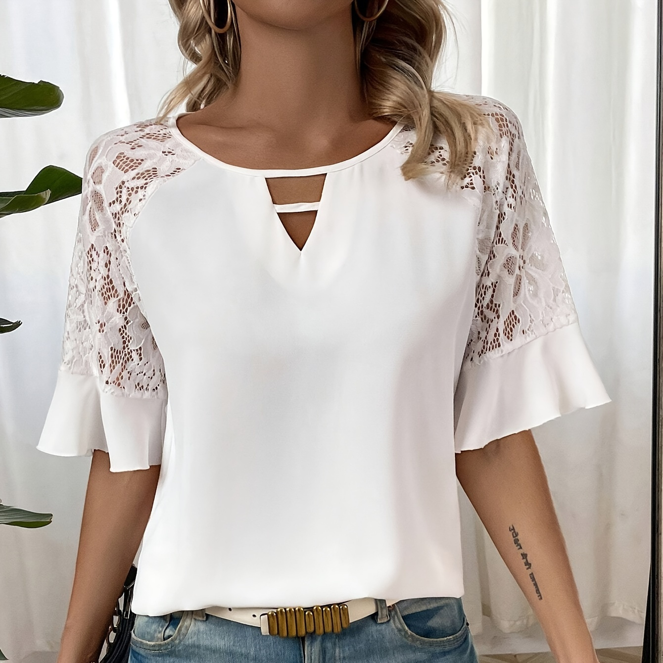 

Contrast Lace Floral Pattern Blouse, Elegant Solid Keyhole Crew Neck Flare Sleeve Blouse For Spring & Summer, Women's Clothing