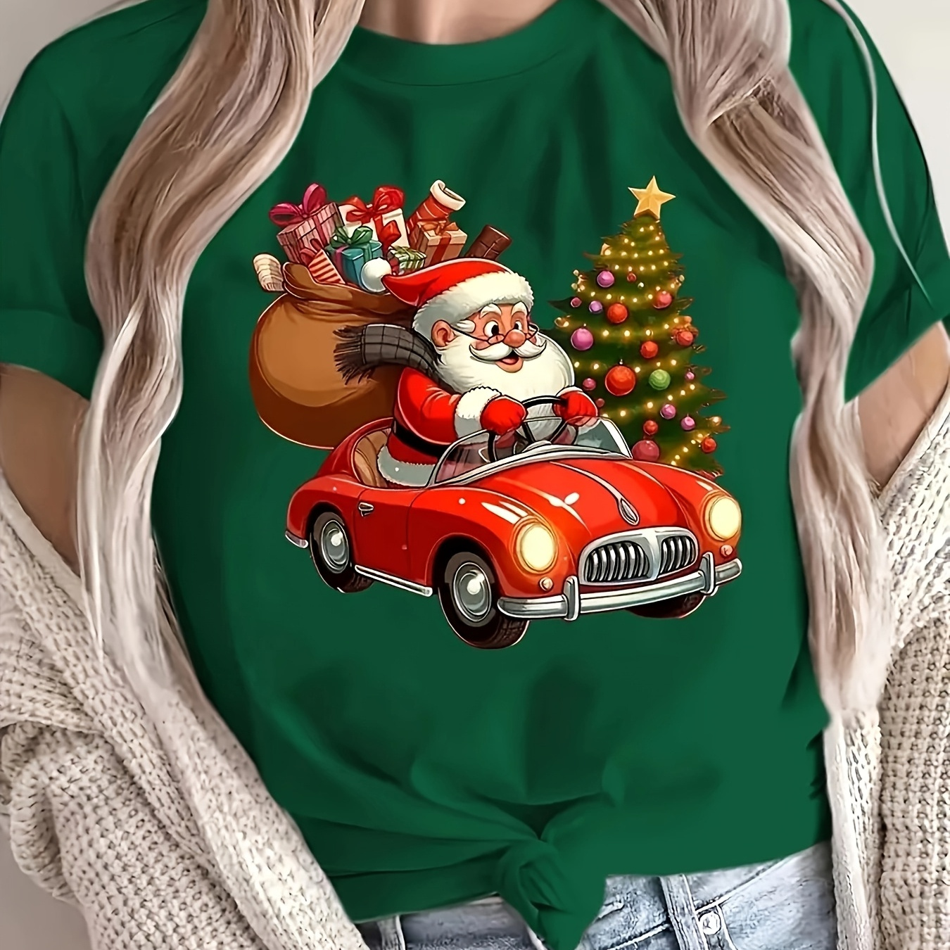 

Women's Christmas Santa Driving Graphic Neck T-shirt, Polyester Knit Fabric, Regular Length, Casual Short Sleeve Top For All