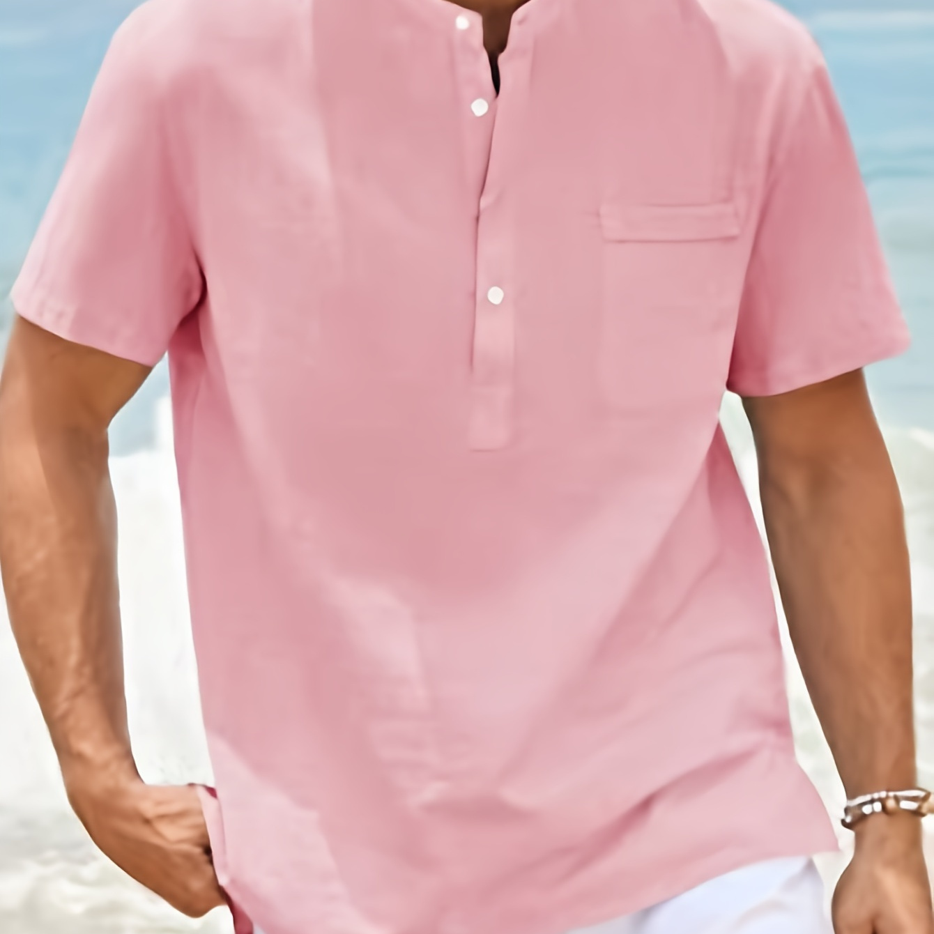 

Fashionable Design Men's Solid Color Stand Color Short Sleeve Henley Shirt With Breasted Pocket, Chic And Trendy Summer Tops For Daily And Holiday Leisurewear