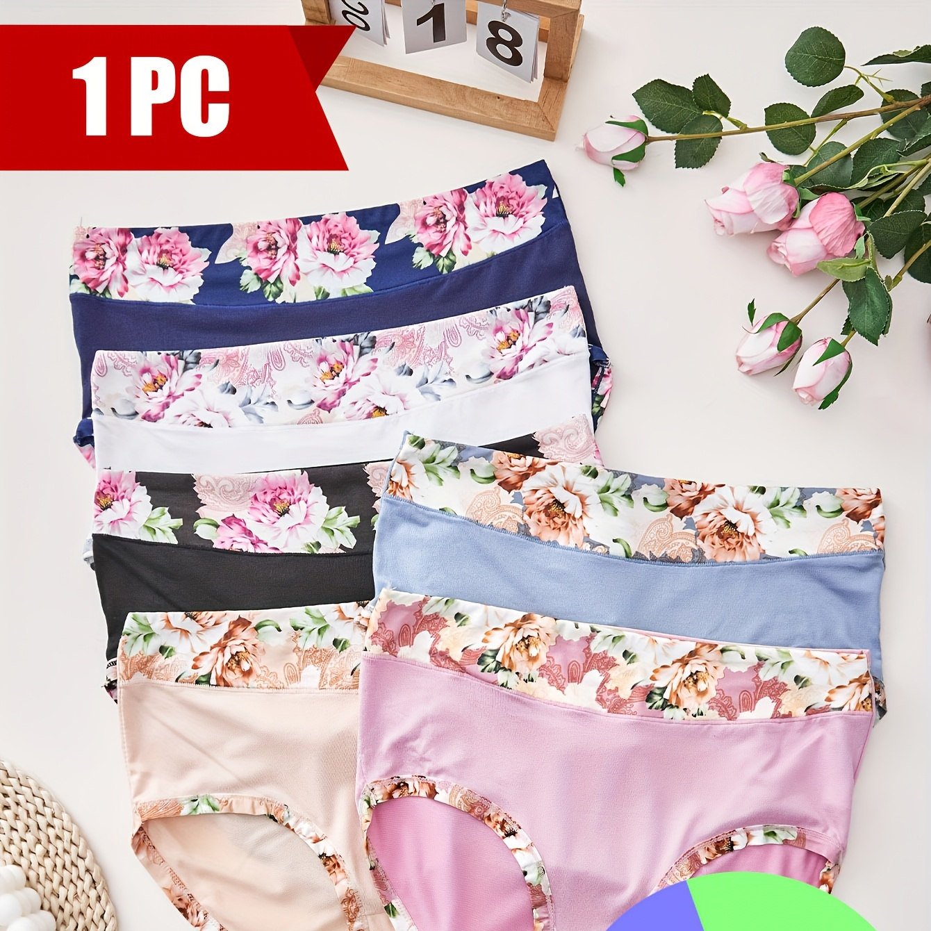 

Plus Size Women's Comfortable Underwear - High Waist, Elegant Floral Print Panties With Belt Detail, Breathable Polyester