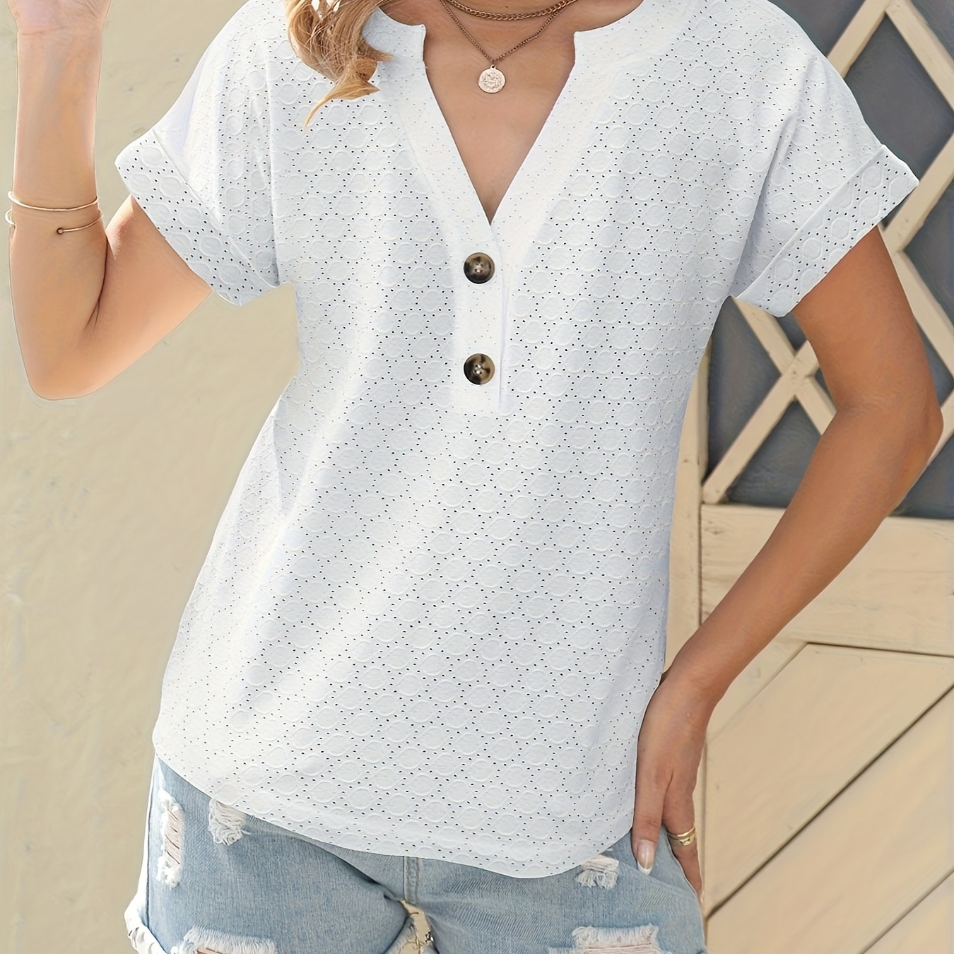 

Texture Button Front Tops, Casual Notched Neck Short Sleeve Blouse, Women's Clothing