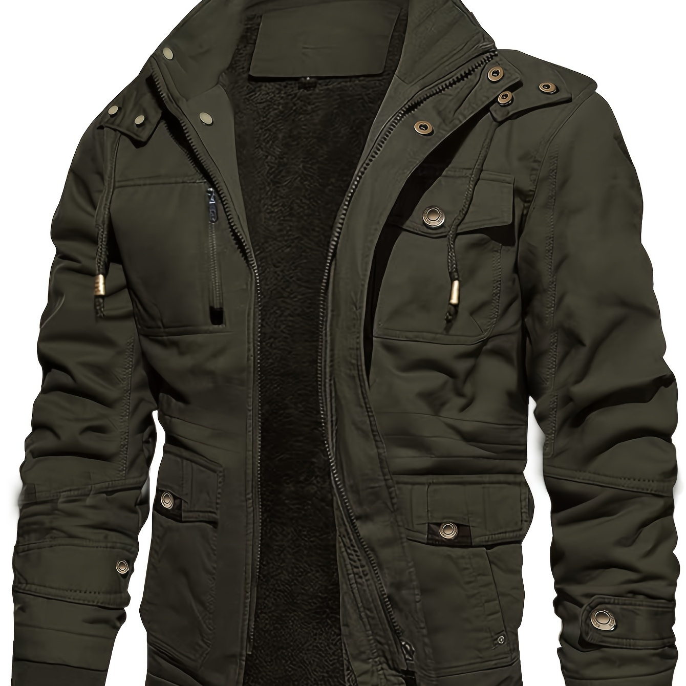 

Men's Casual Warm Fleece Lined Cargo Jacket, Chic Multi Pocket Jacket For Fall Winter