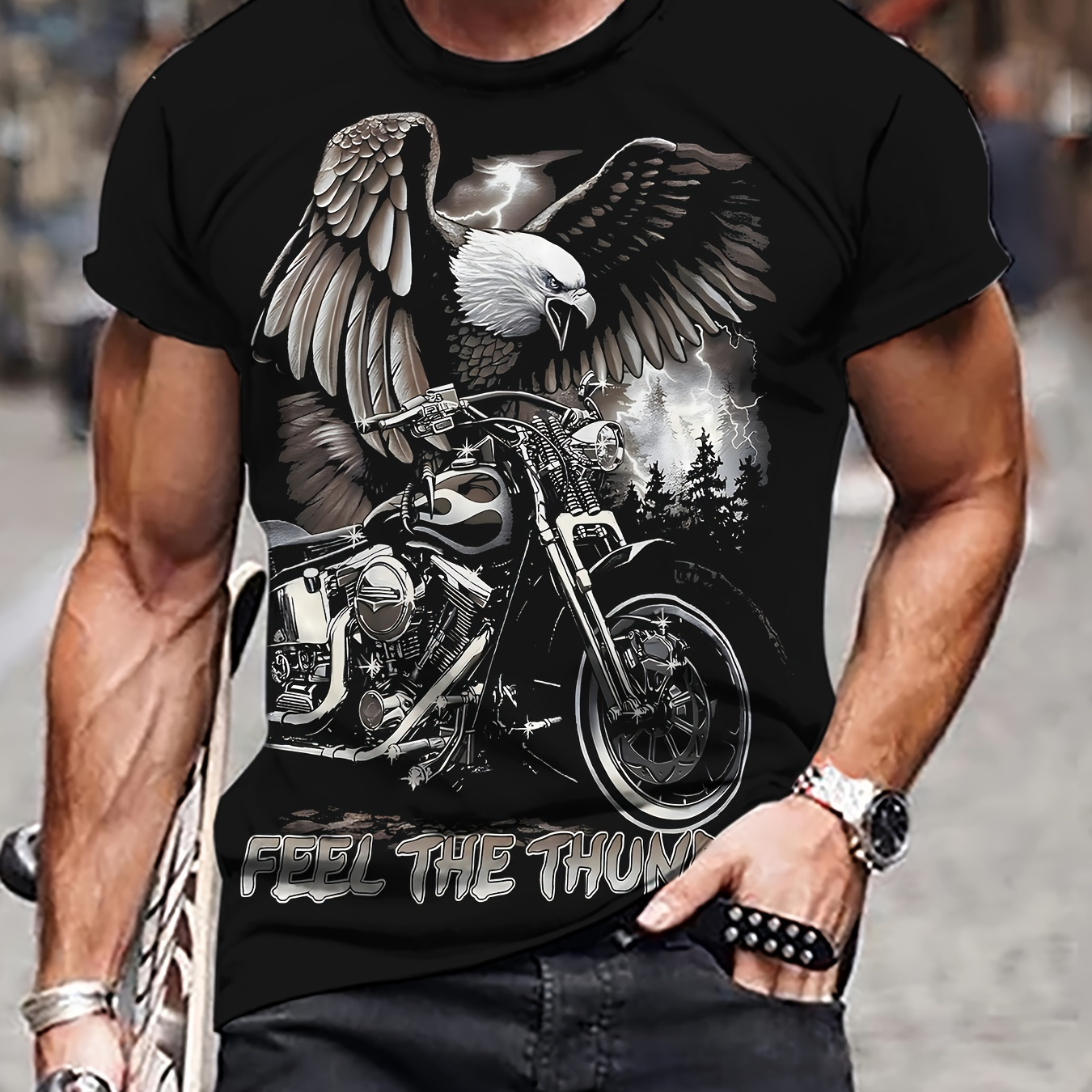 

Eagle And Motorcycle 3d Graphic Print Men's Novelty Short Sleeve Crew Neck T-shirt, Summer Outdoor