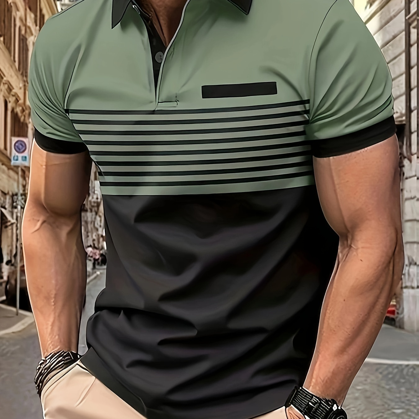 

Men's Color Blocked Short Sleeve Lapel Golf Shirts, Casual Style Slight Stretch Regular Fit Summer Tops, Summer Golf Shirts