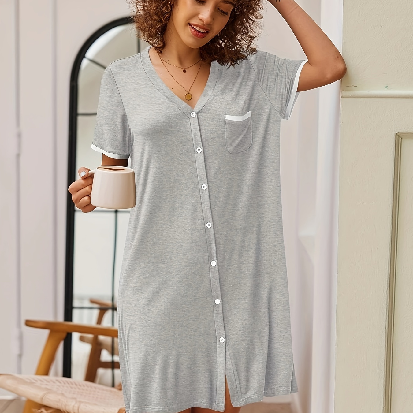 

Casual Colorblock Nightgown, Short Sleeve Buttons V Neck Sleep Dress, Women's Sleepwear