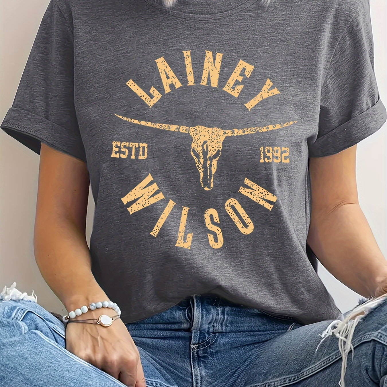 

Plus Size Animal Skull & Letter Print T-shirt, Casual Short Sleeve Top For Spring & Summer, Women's Plus Size Clothing