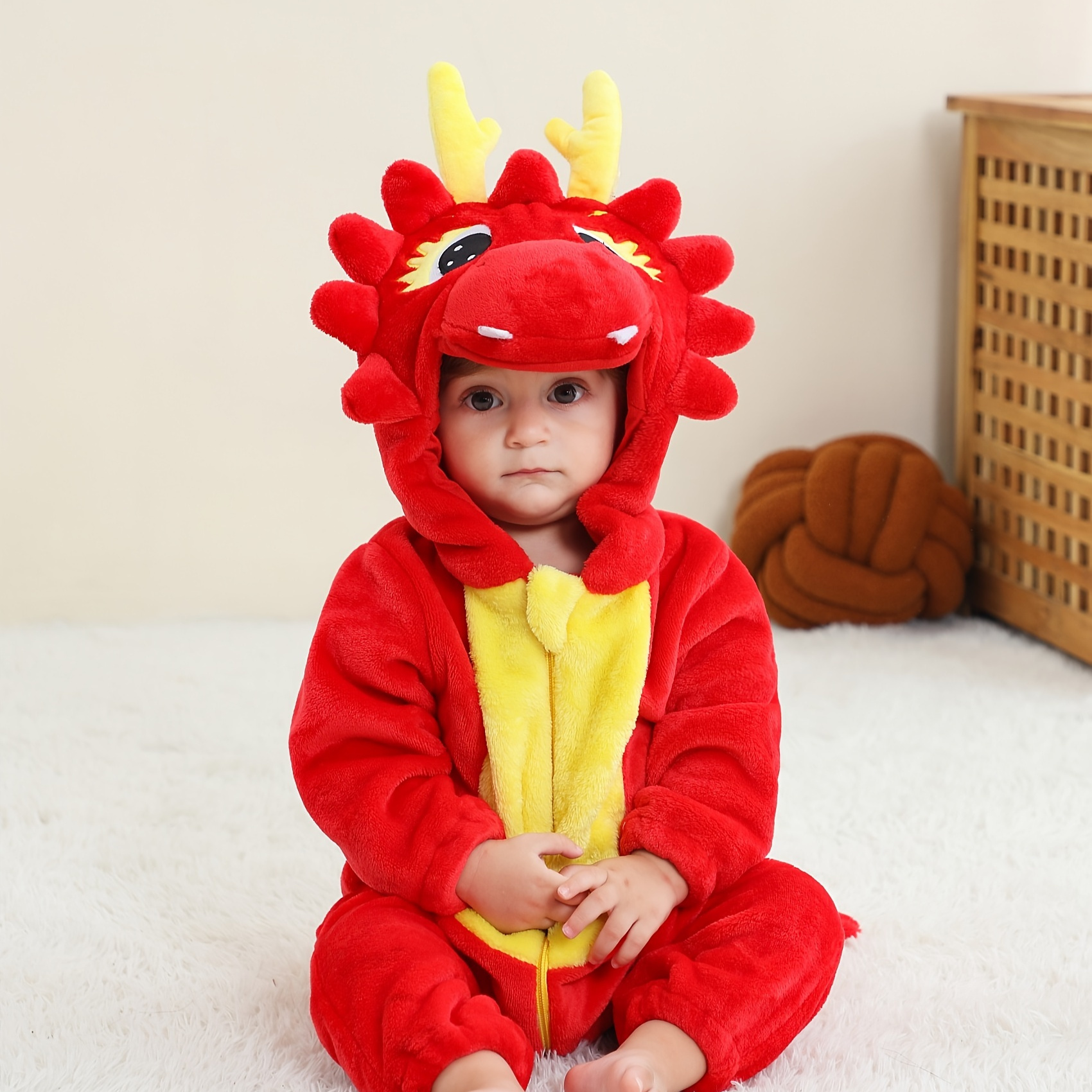 

Baby's Adorable Dragon Hooded Jumpsuit With Tail, Fall Winter Warm Romper, Baby Boy's Clothes For Photography Birthday Patry, As Gift