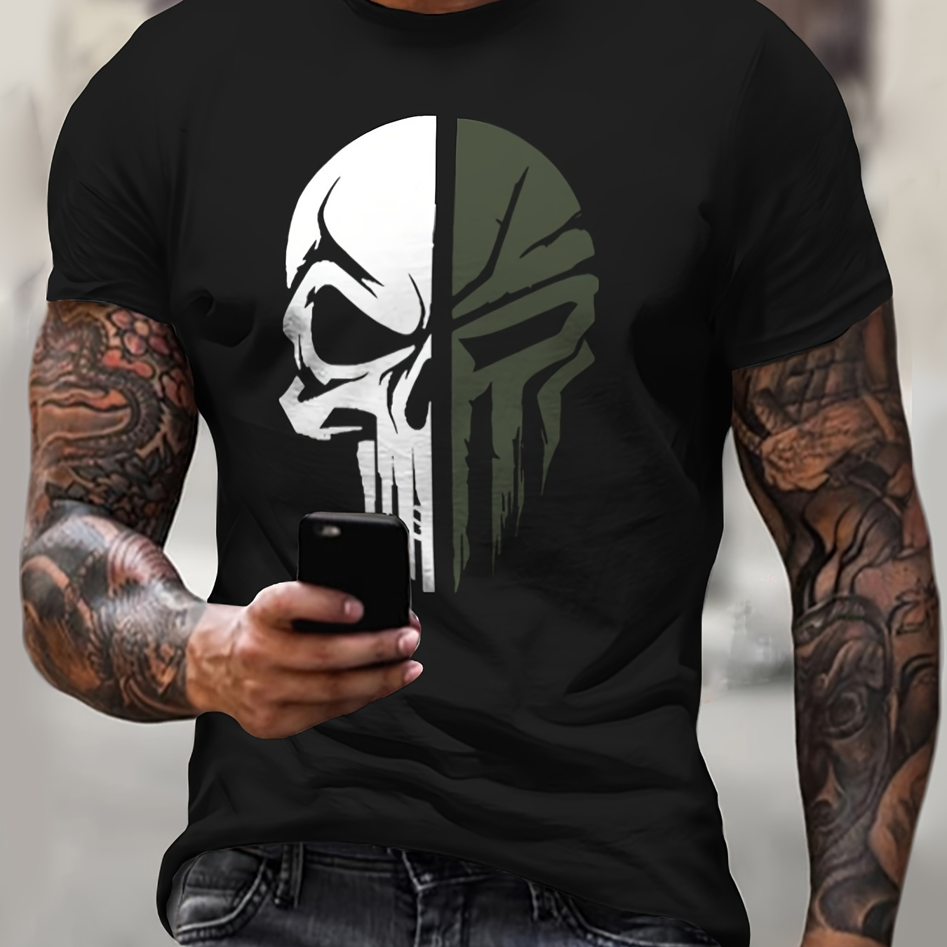 

Men's Stylish Skull Pattern Shirt, Casual Breathable Crew Neck Short Sleeve Tee Top For City Walk Street Hanging Outdoor Activities