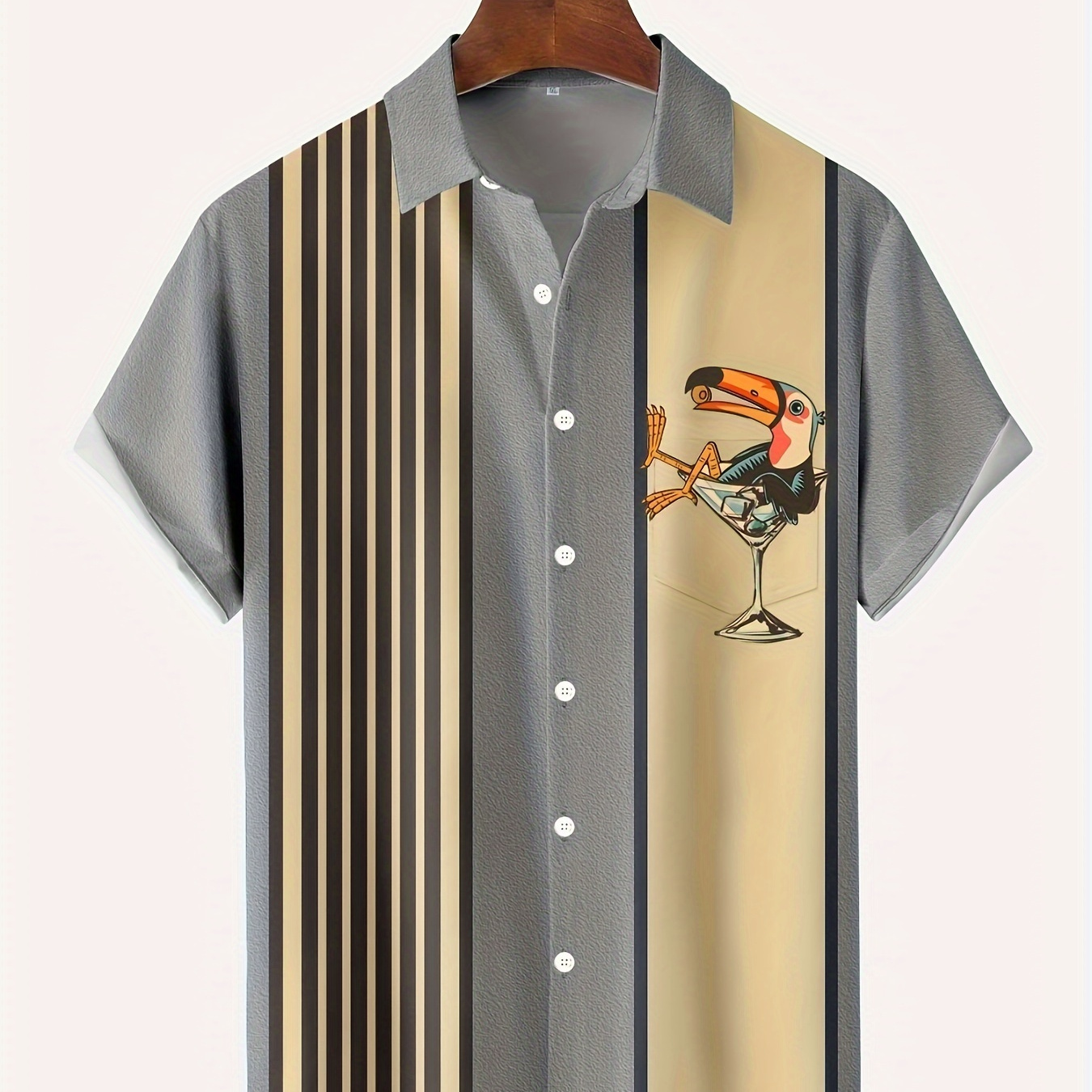 

Men's Parrot Print Striped Shirt, Casual Lapel Button Up Short Sleeve Shirt For Outdoor Activities