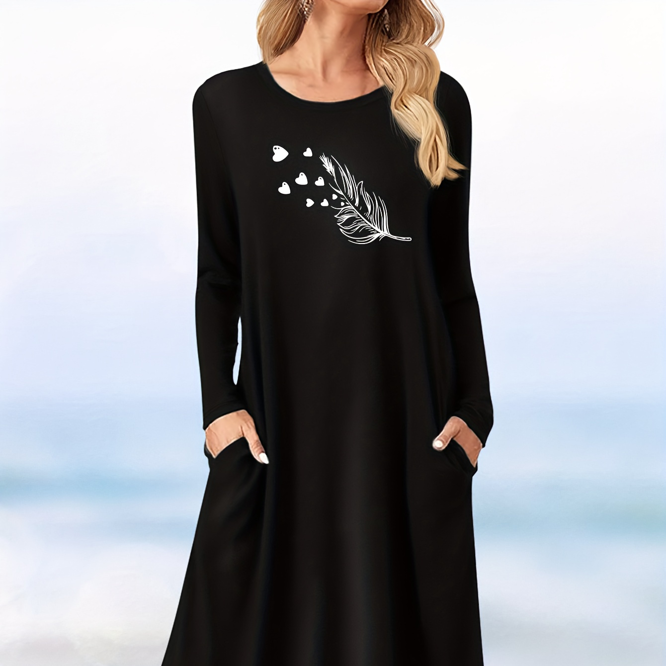 

Chic Feather Print Long Sleeve Dress With Pockets - Casual Mid-length, Stretchy Polyester Blend, Machine Washable - Perfect For Fall/winter