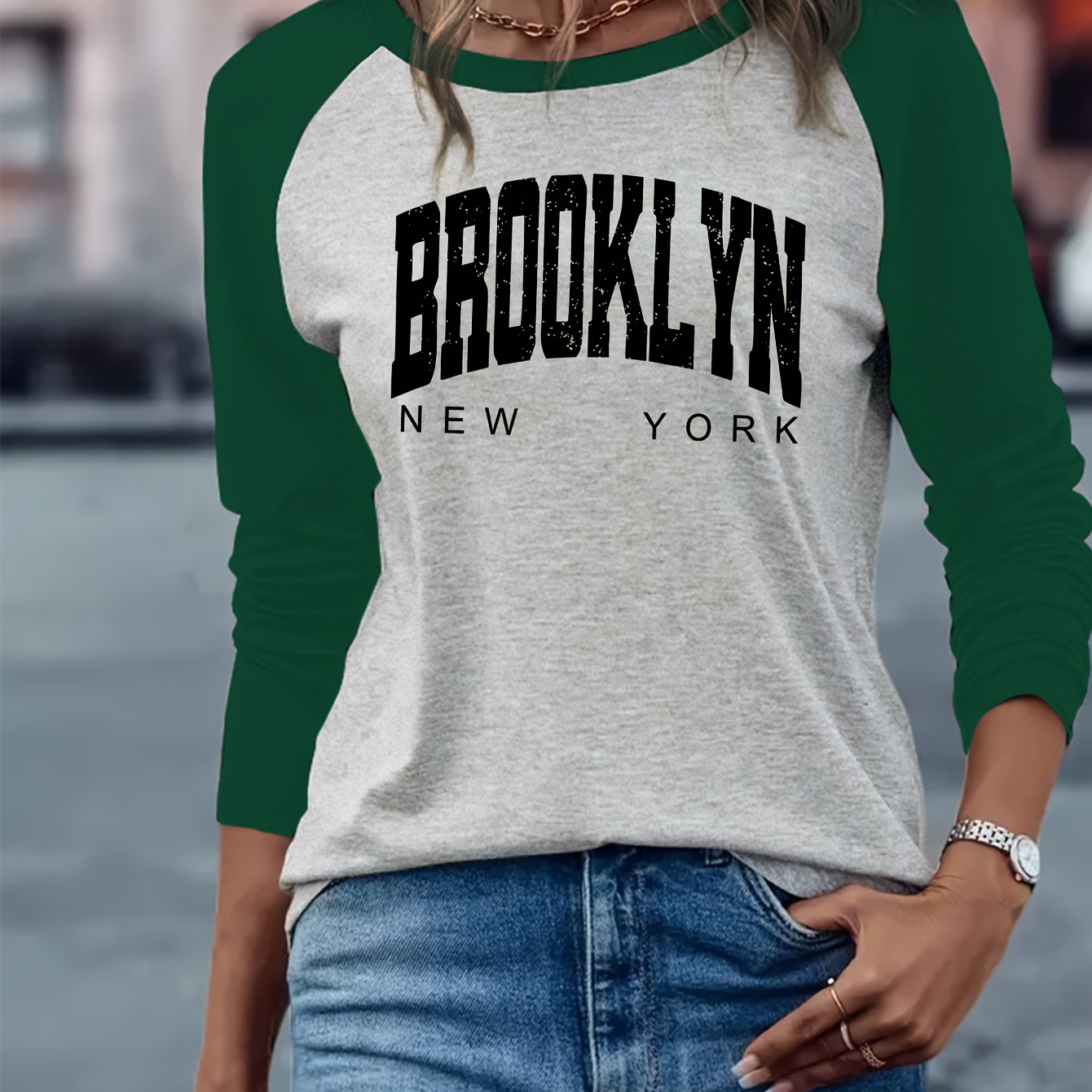 

New Long Sleeve Raglan T-shirt - Casual Crew Neck Polyester Knit Top For Spring/fall With Spandex And Alphabet Pattern - Regular Fit