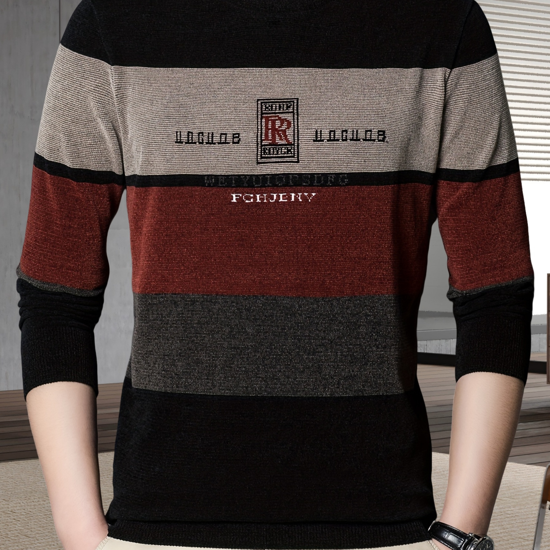 

Men's Fall/winter Casual Crew Neck Knit Sweater - Polyester Striped Pullover With Slight Stretch, Rib-knit Detailing, Long Sleeve Regular Fit Jumper