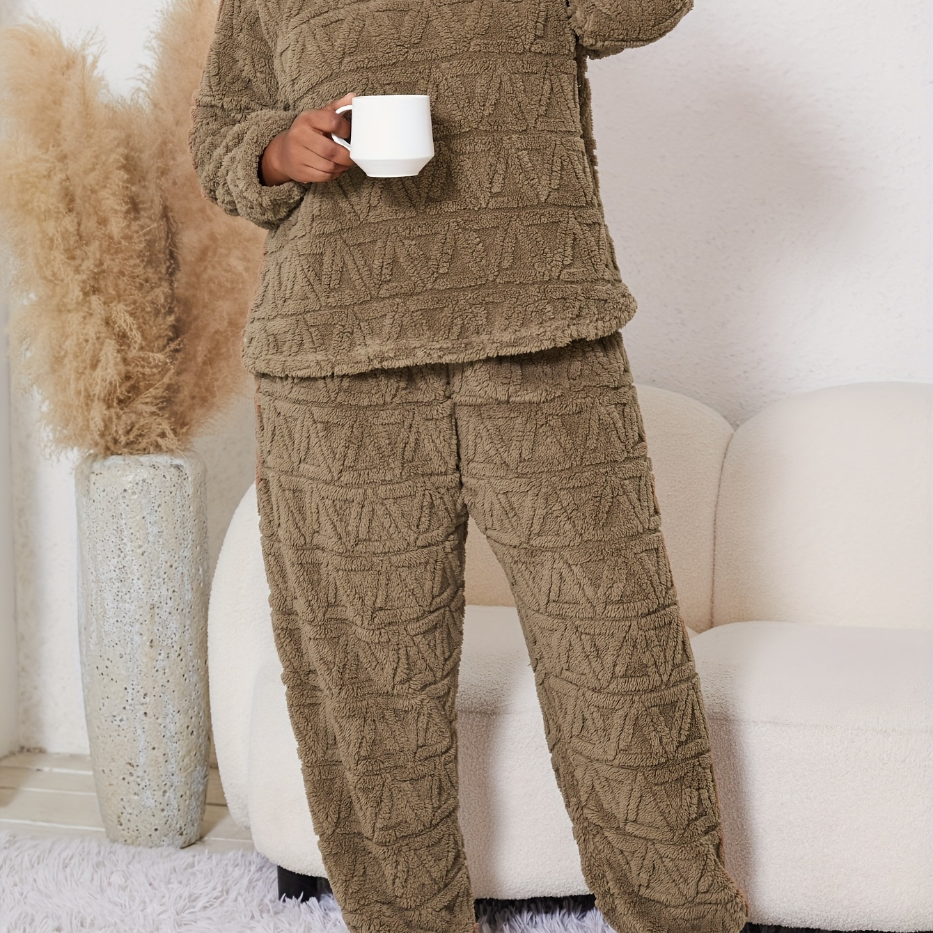 

1set Cozy Plus Size Pajama Set For Women - Polyester Knit Crew Neck Long Sleeve Top And Pants, Casual Solid Color Pullover Loungewear For Fall/winter